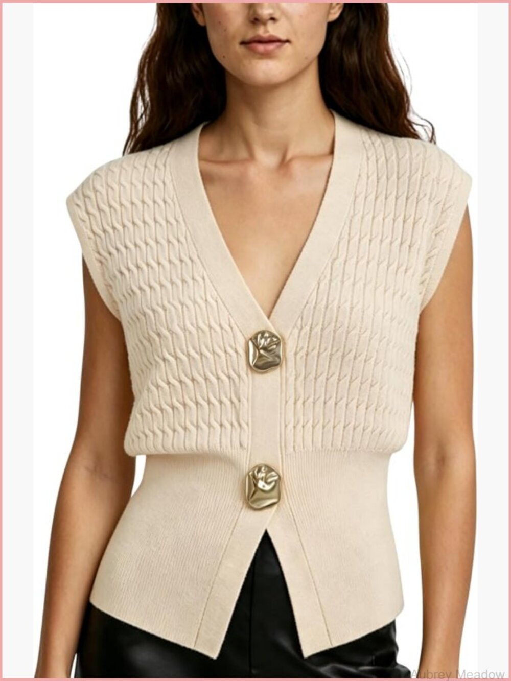 Sleeveless V-Neck Cable Knit Sweater Vest in Cream - Picture 1 of 4